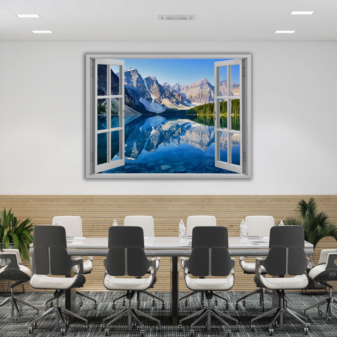 Wandbild Kunstwerk Alpenpanorama mit Fensterblick auf Bergsee