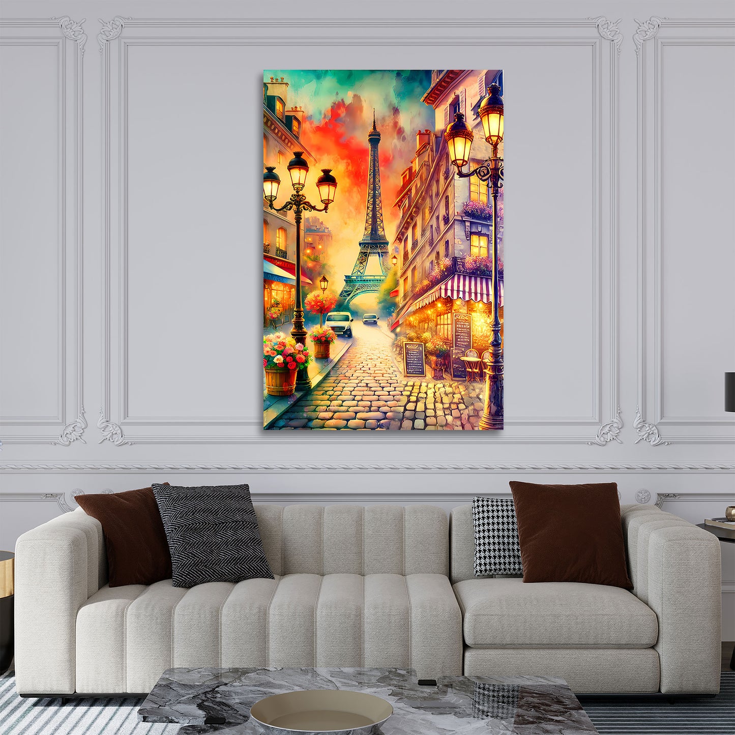 Wandbild Kunstwerk Altstadt Paris Szene mit Eiffelturm und Café