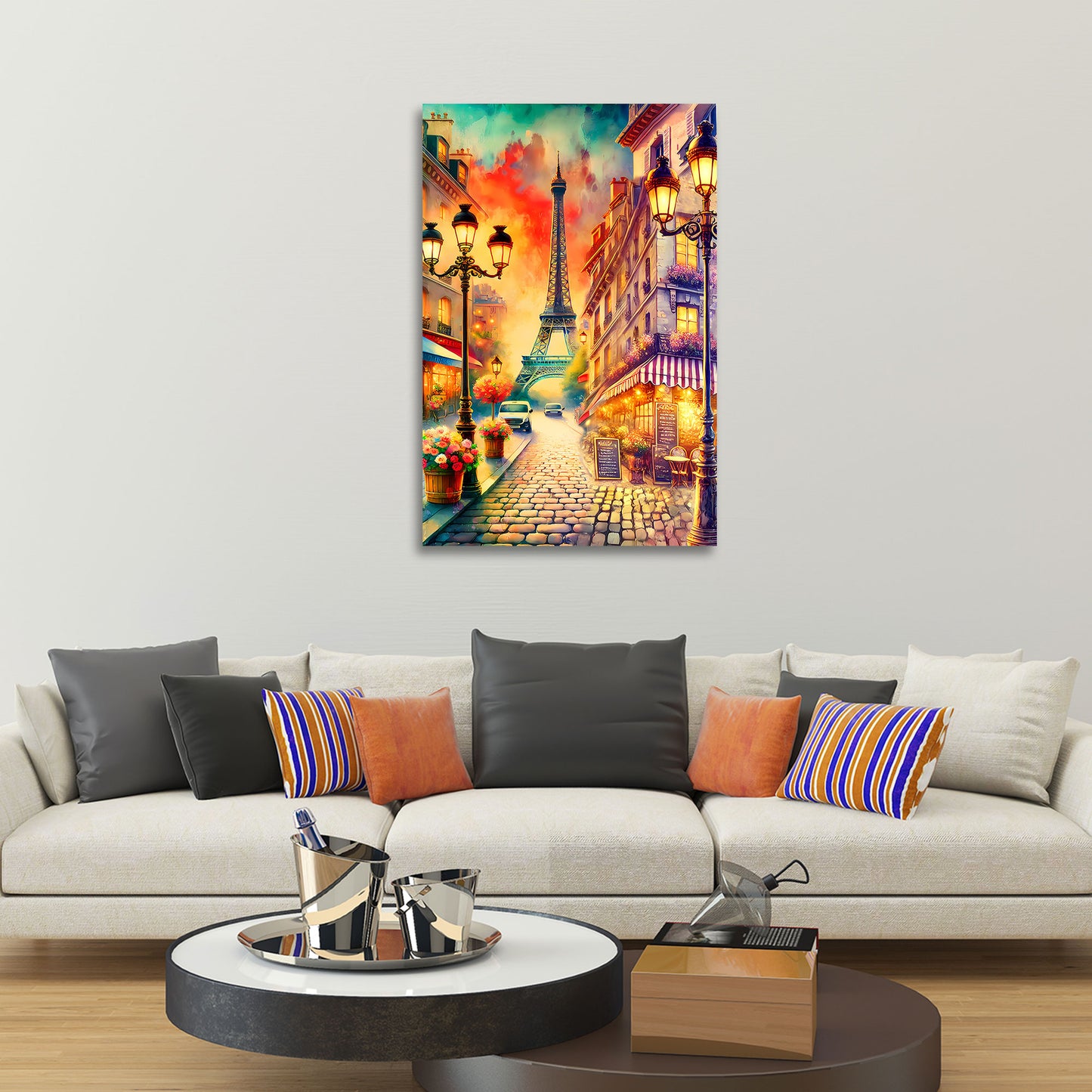 Wandbild Kunstwerk Altstadt Paris Szene mit Eiffelturm und Café