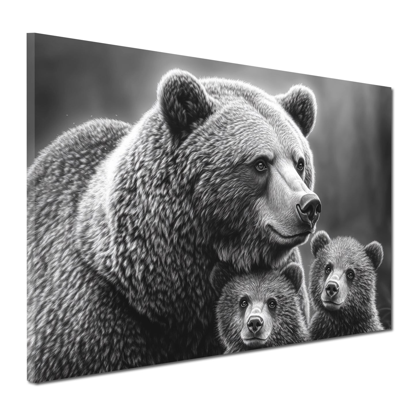 Wandbild Kunstwerk Bärenmutter mit Jungtieren schwarz weiß