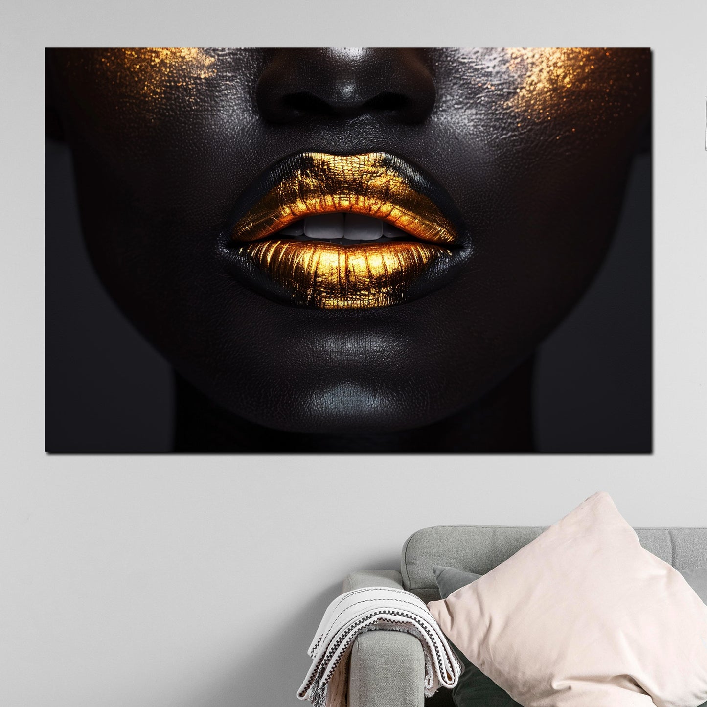Black Women sinnliche Lippen in Gold Wandbild Kunstwerk