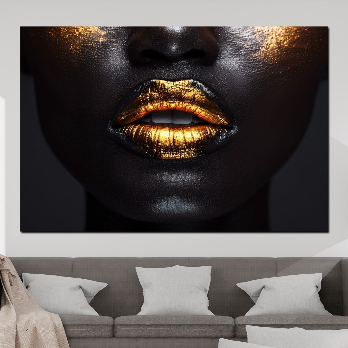 Black Women sinnliche Lippen in Gold Wandbild Kunstwerk