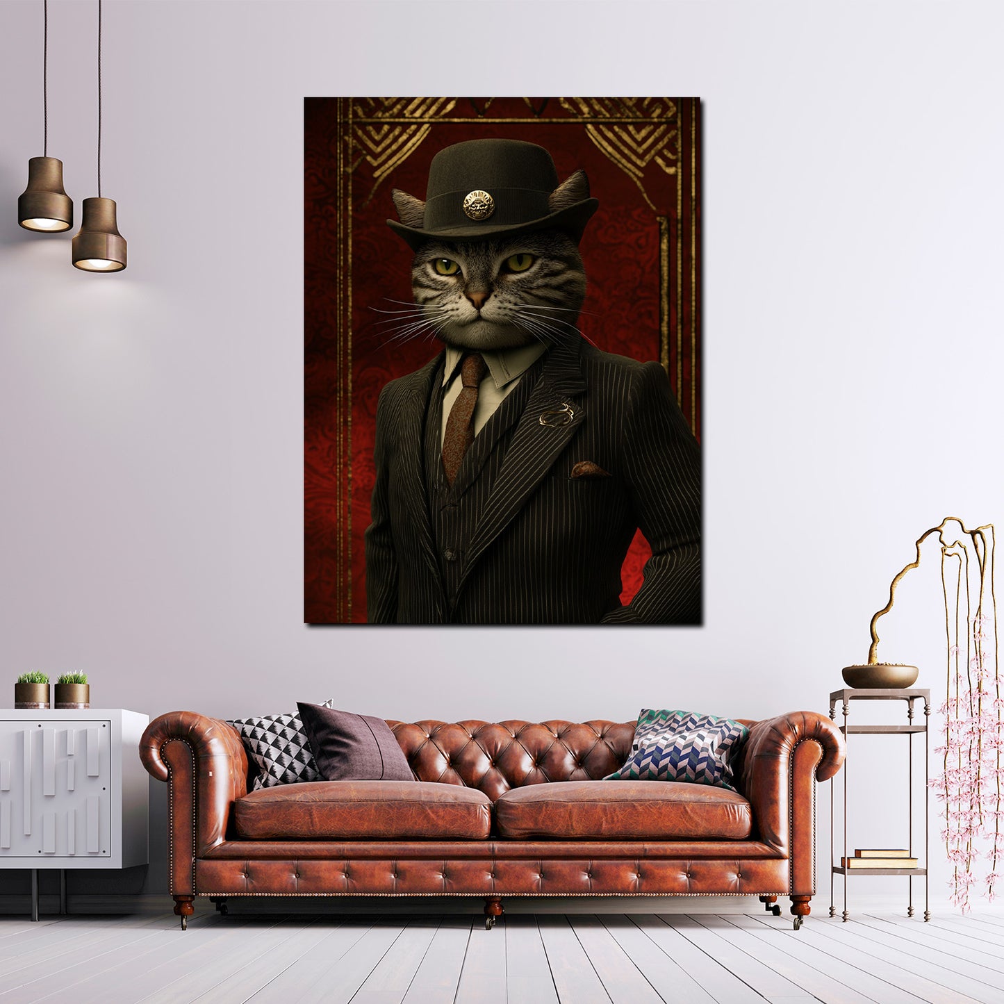 Wandbild Kunstwerk Boss Katze Anzug Hut Autorität Stil Retro modern