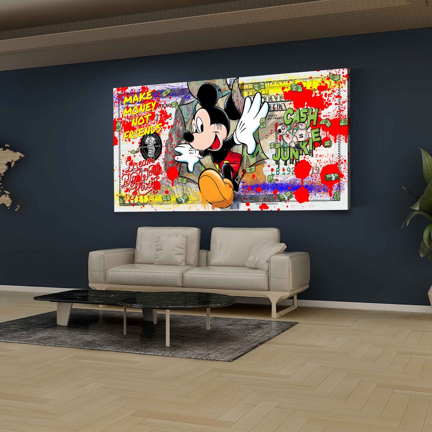 Wandbild Kunstwerk Comic Mickey Style auf Dollarschein Motivation