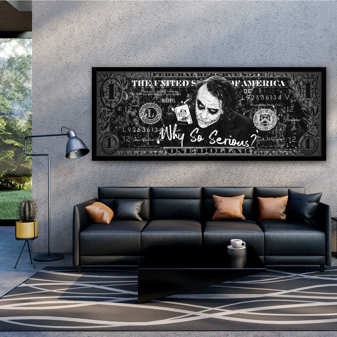 Dollar Joker Film Pop Art, schwarz weiß, Comic Wandbild Kunstwerk