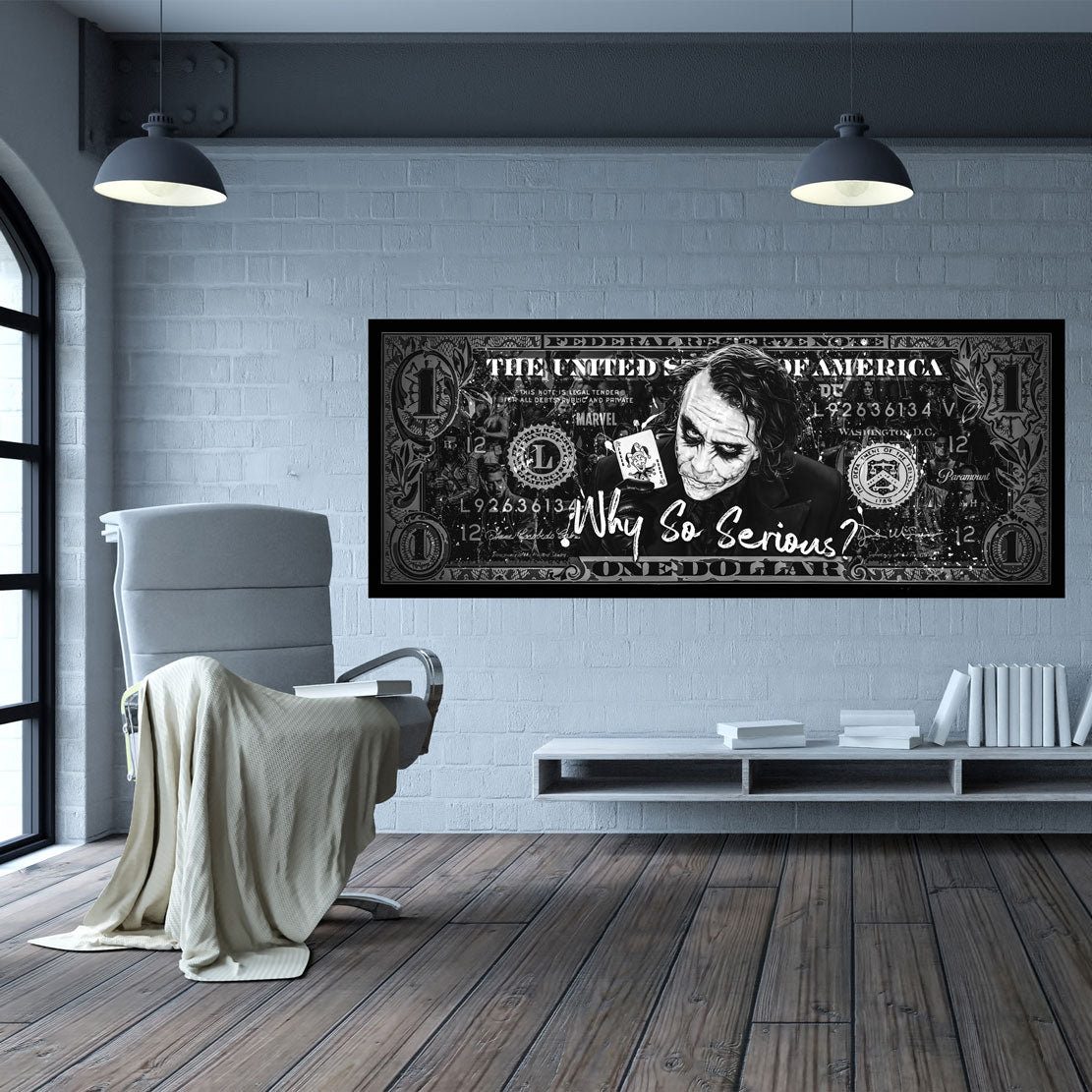 Dollar Joker Film Pop Art, schwarz weiß, Comic Wandbild Kunstwerk