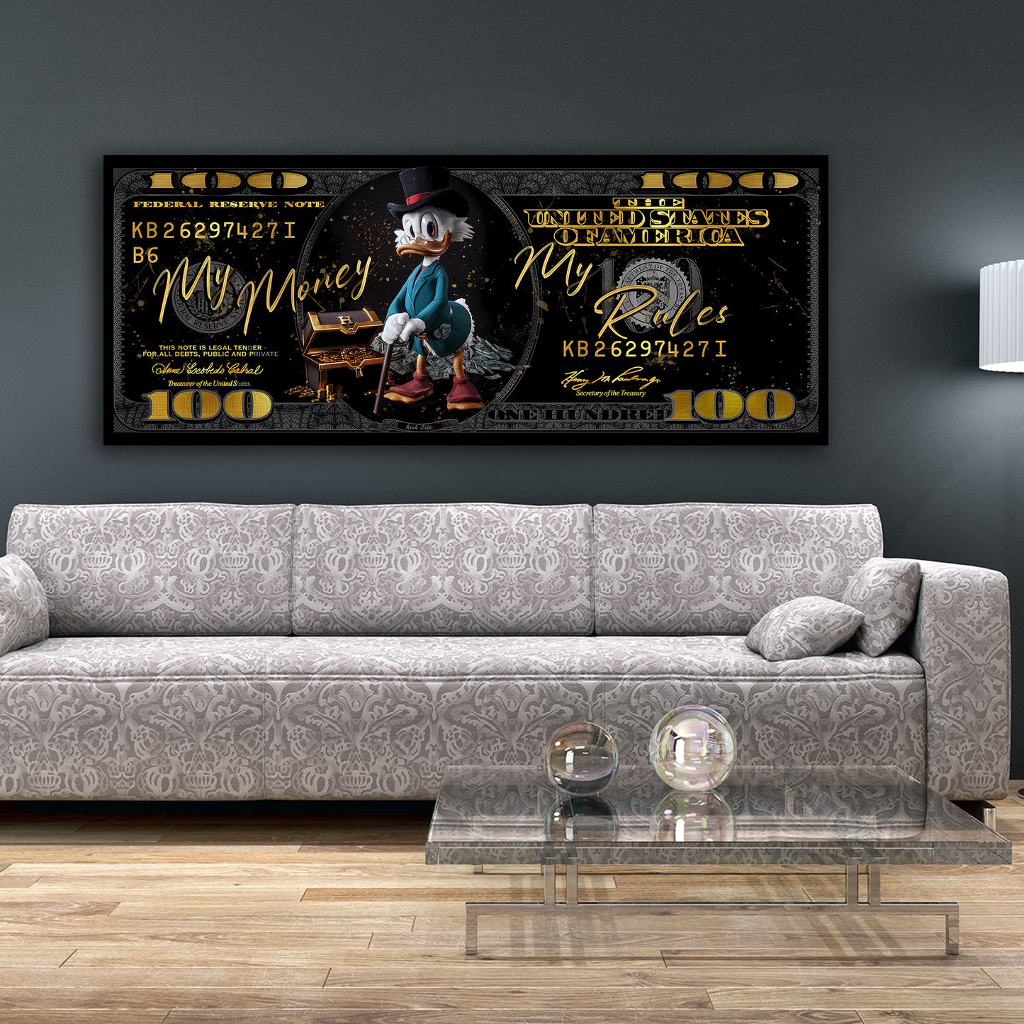 Pop Art Duck auf Dollar Schein - Street Art Design Wandbild Kunstwerk