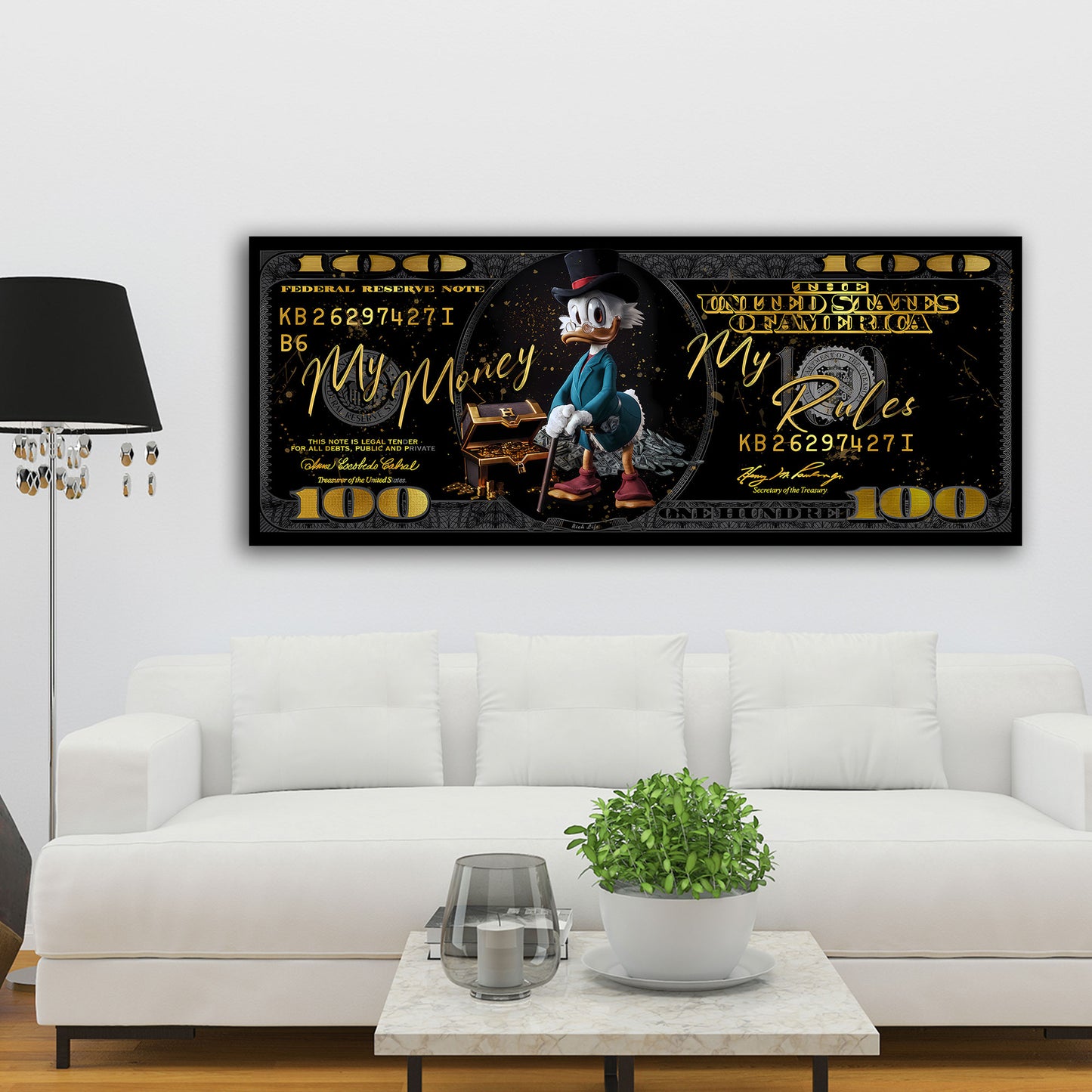 Pop Art Duck auf Dollar Schein - Street Art Design Wandbild Kunstwerk