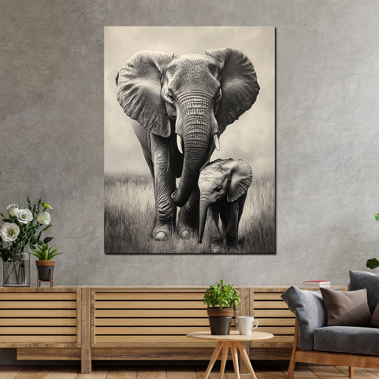 Elefantenmutter Zärtlichkeit Wildtier Wandbild Kunstwerk