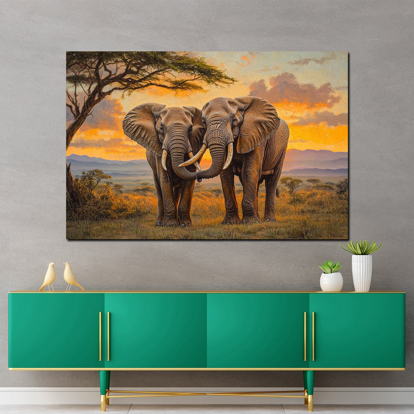 Elefantenpaar Abendlicht Wildnis Wandbild Kunstwerk