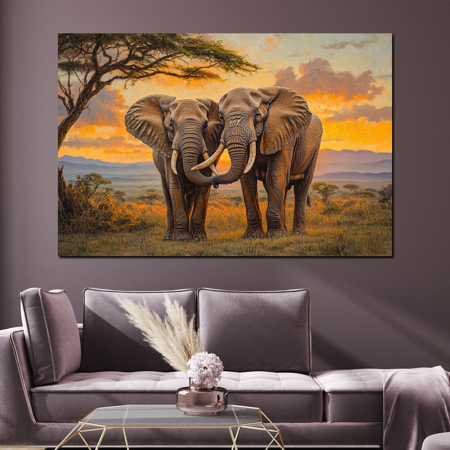 Elefantenpaar Abendlicht Wildnis Wandbild Kunstwerk