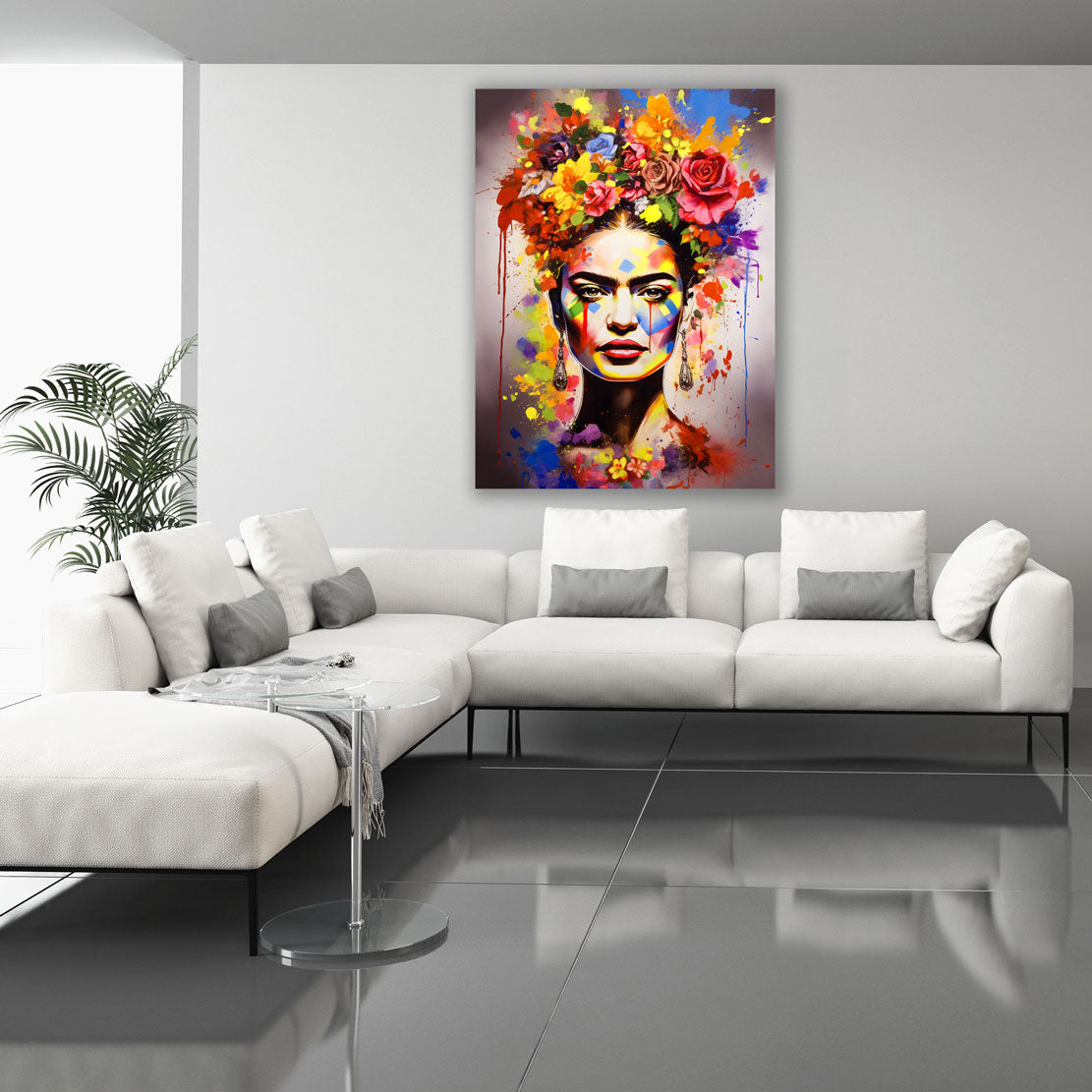Pop Art Frida mit Blumen und Farben im Stil Wandbild Kunstwerk