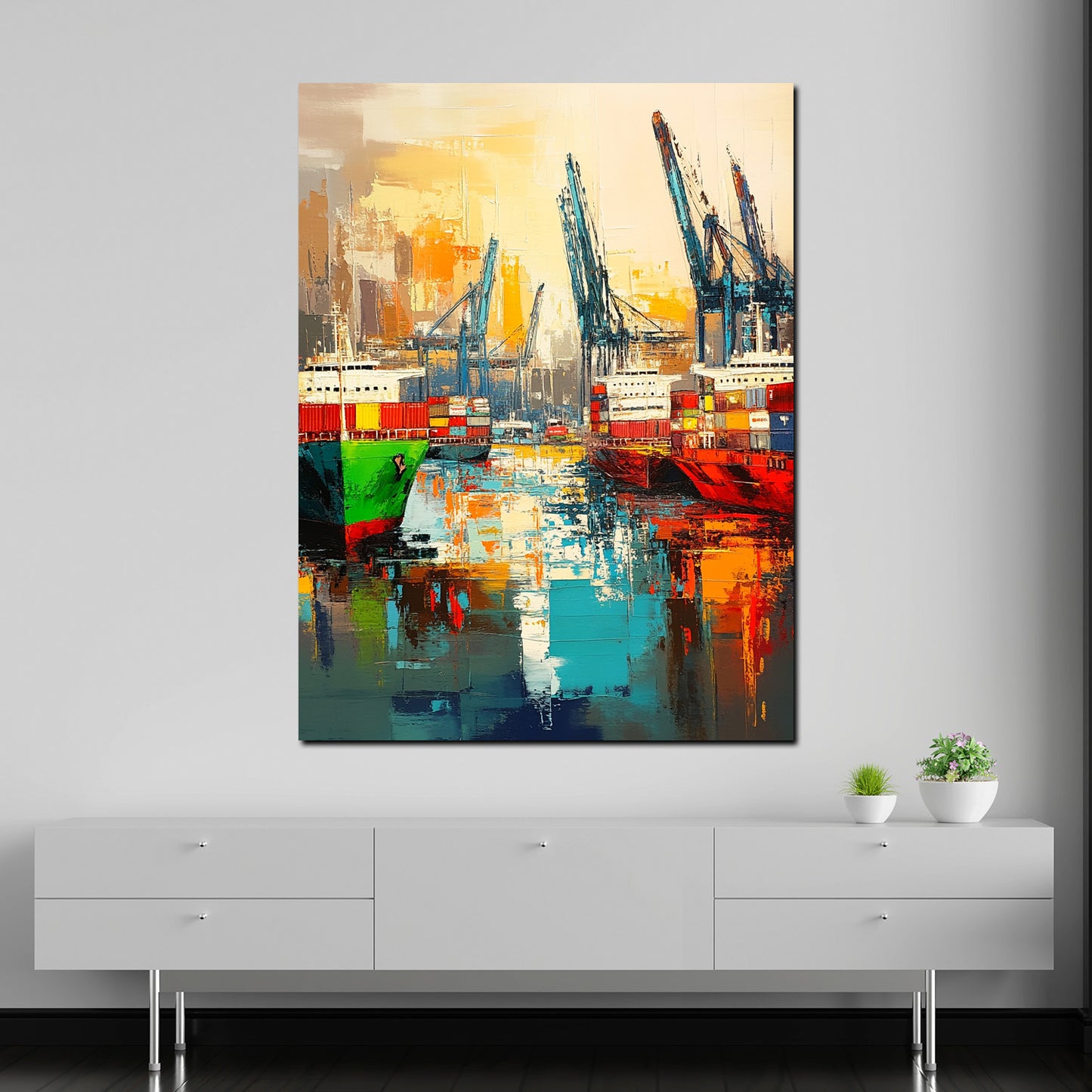 Wandbild Kunstwerk Hafen Schiffe Containerfarben lebendig modern