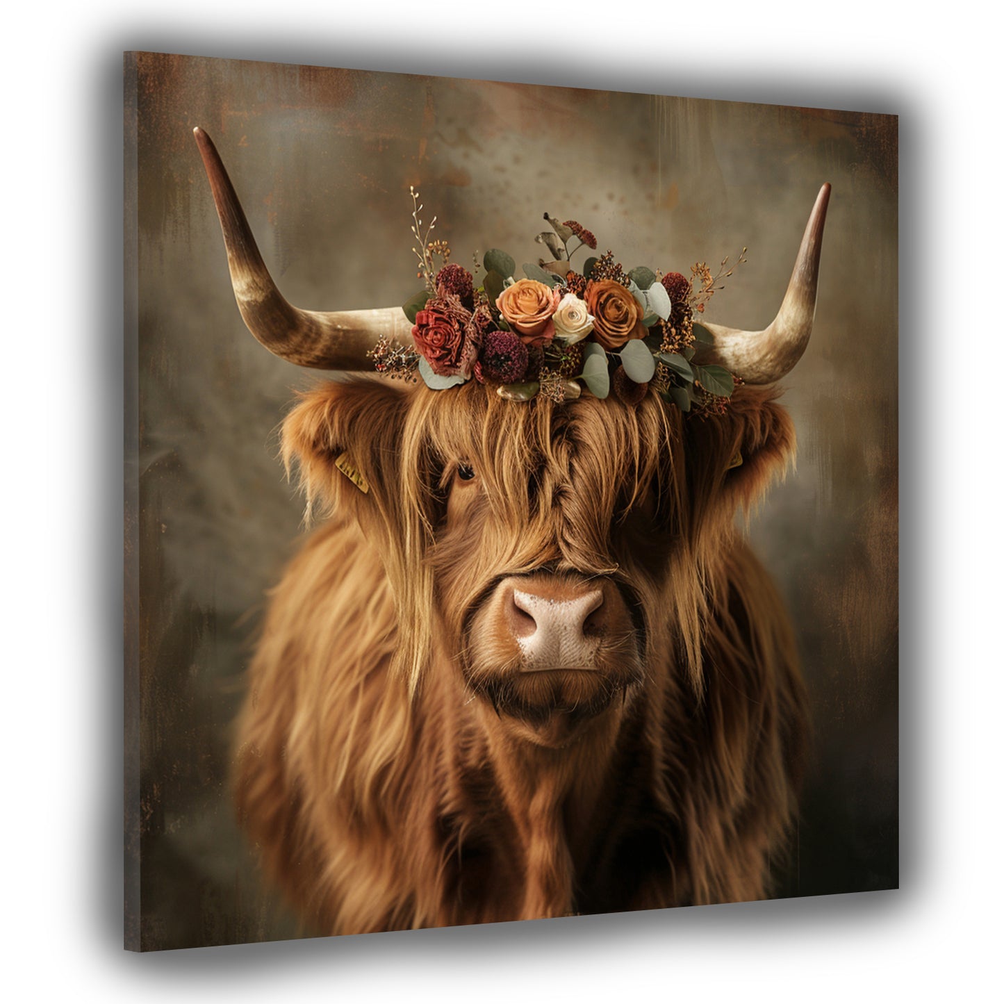 Wandbild Kunstwerk Hochlandrind mit Blumen Boho Romantik modern