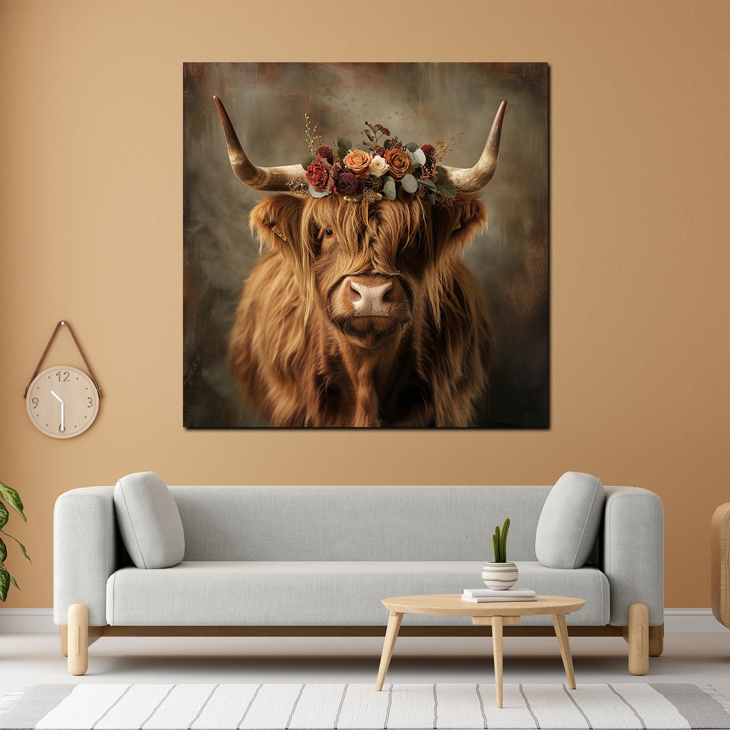 Wandbild Kunstwerk Hochlandrind mit Blumen Boho Romantik modern