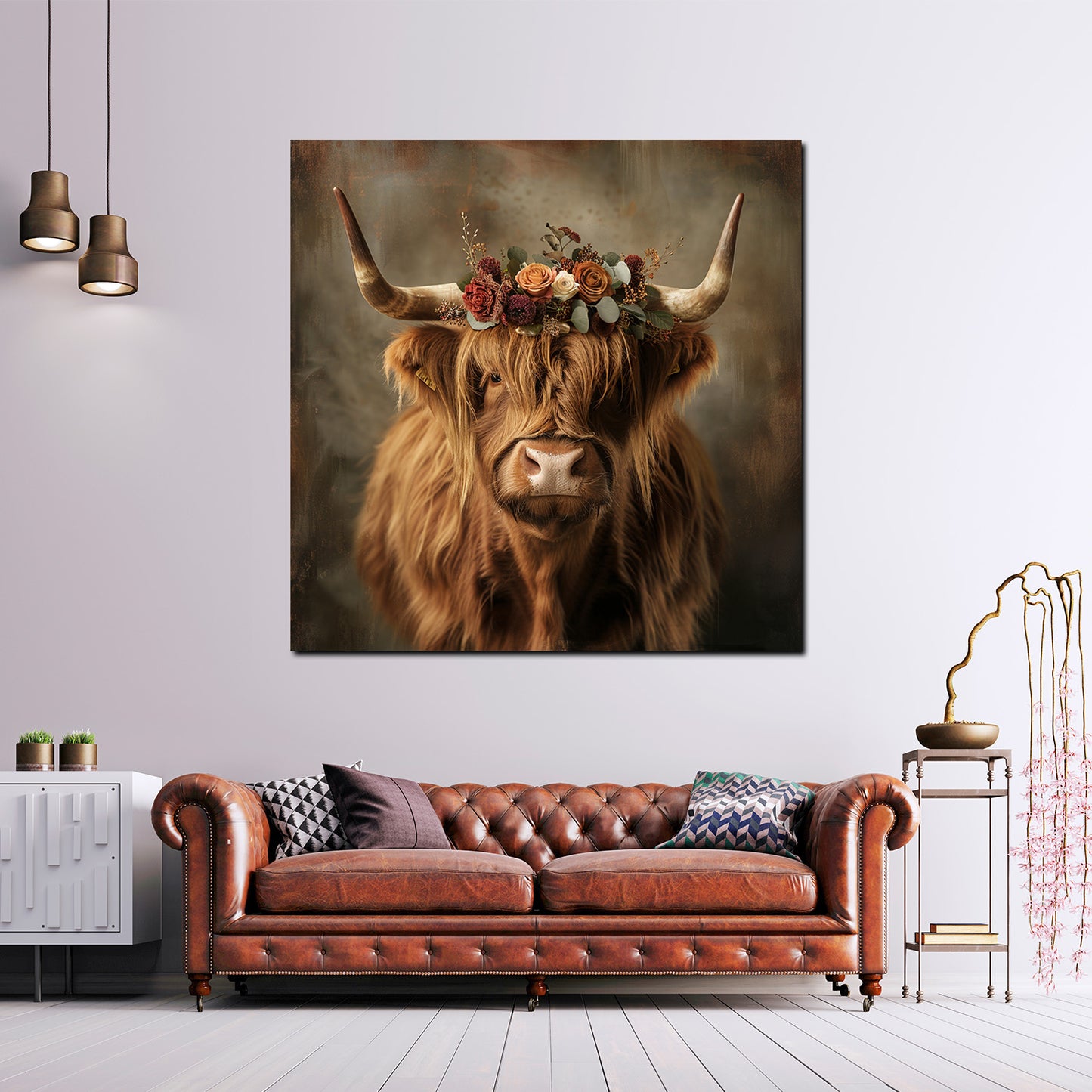 Wandbild Kunstwerk Hochlandrind mit Blumen Boho Romantik modern