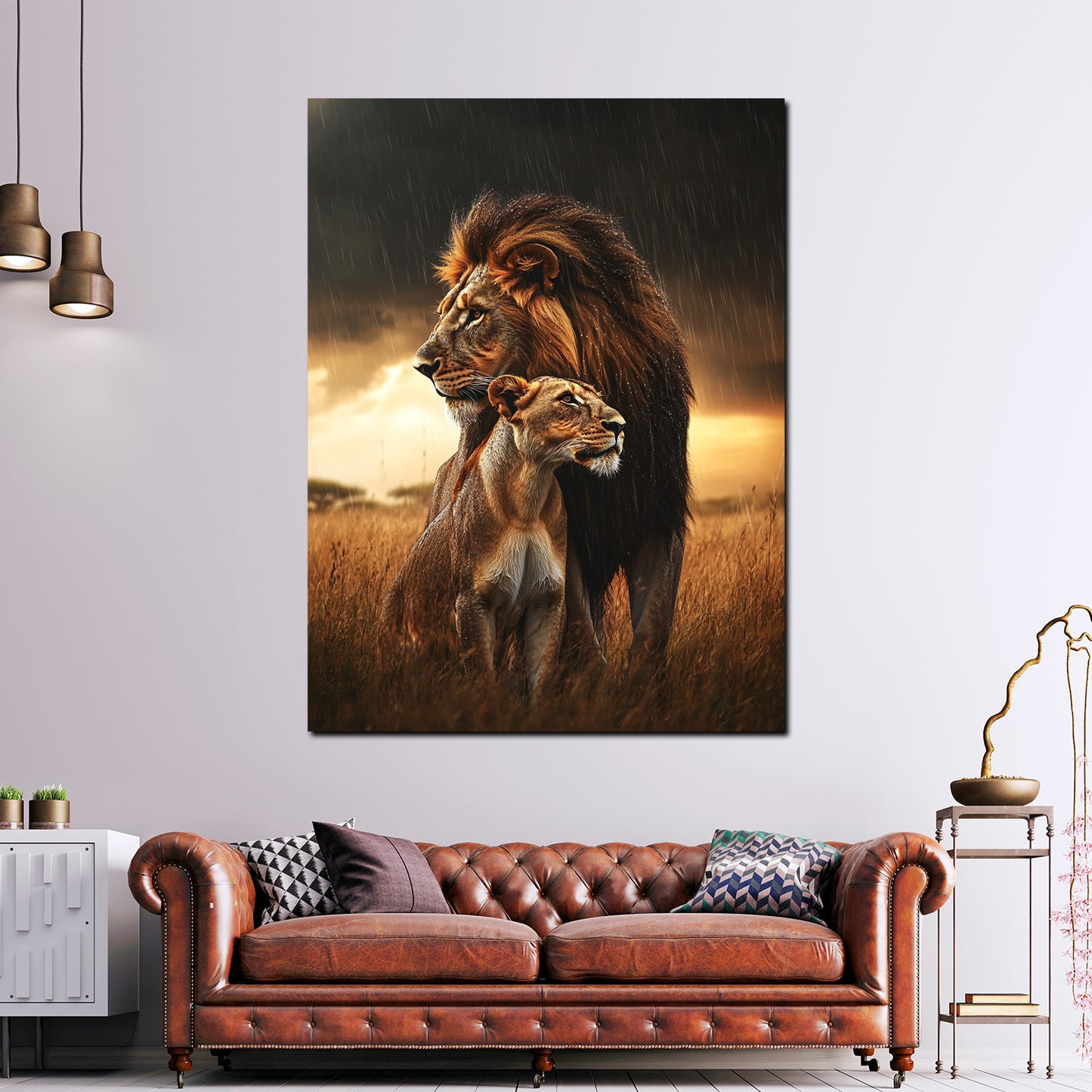 Löwe und Löwin kraftvoll beeindruckend Naturkulisse Wandbild Kunstwerk