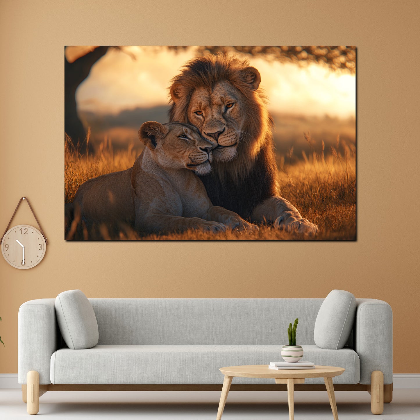 Löwe und Löwin zärtlich warmes Abendlicht Natur Wandbild Kunstwerk