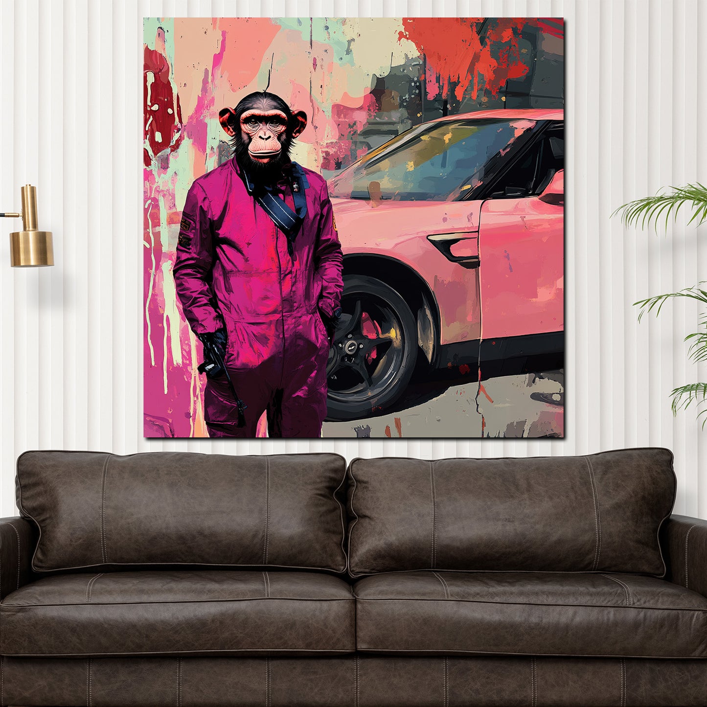 Pop Art Affe im Anzug vor Auto bunt Wandbild Kunstwerk