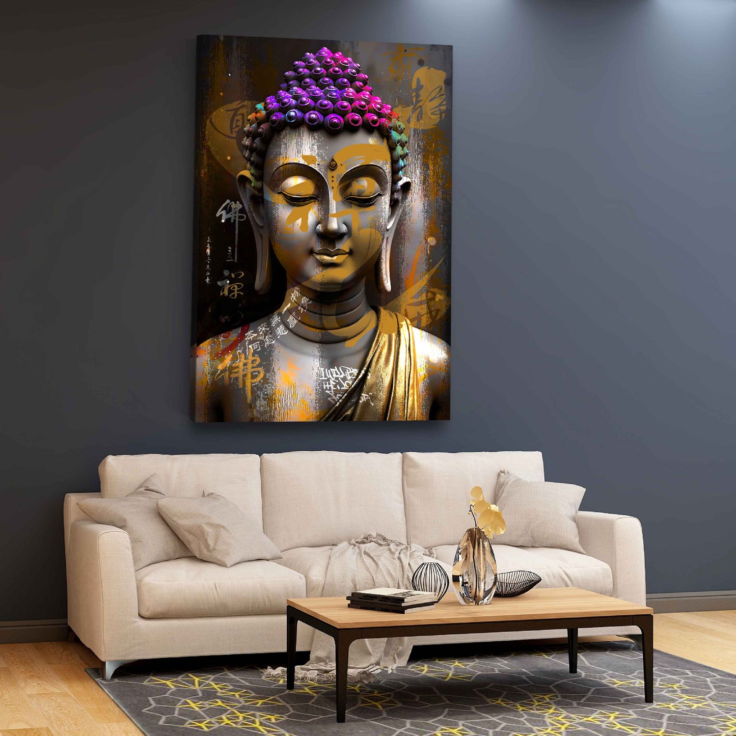 Wandbild Kunstwerk Pop Art Buddha Figur innere Ruhe Farbenpracht