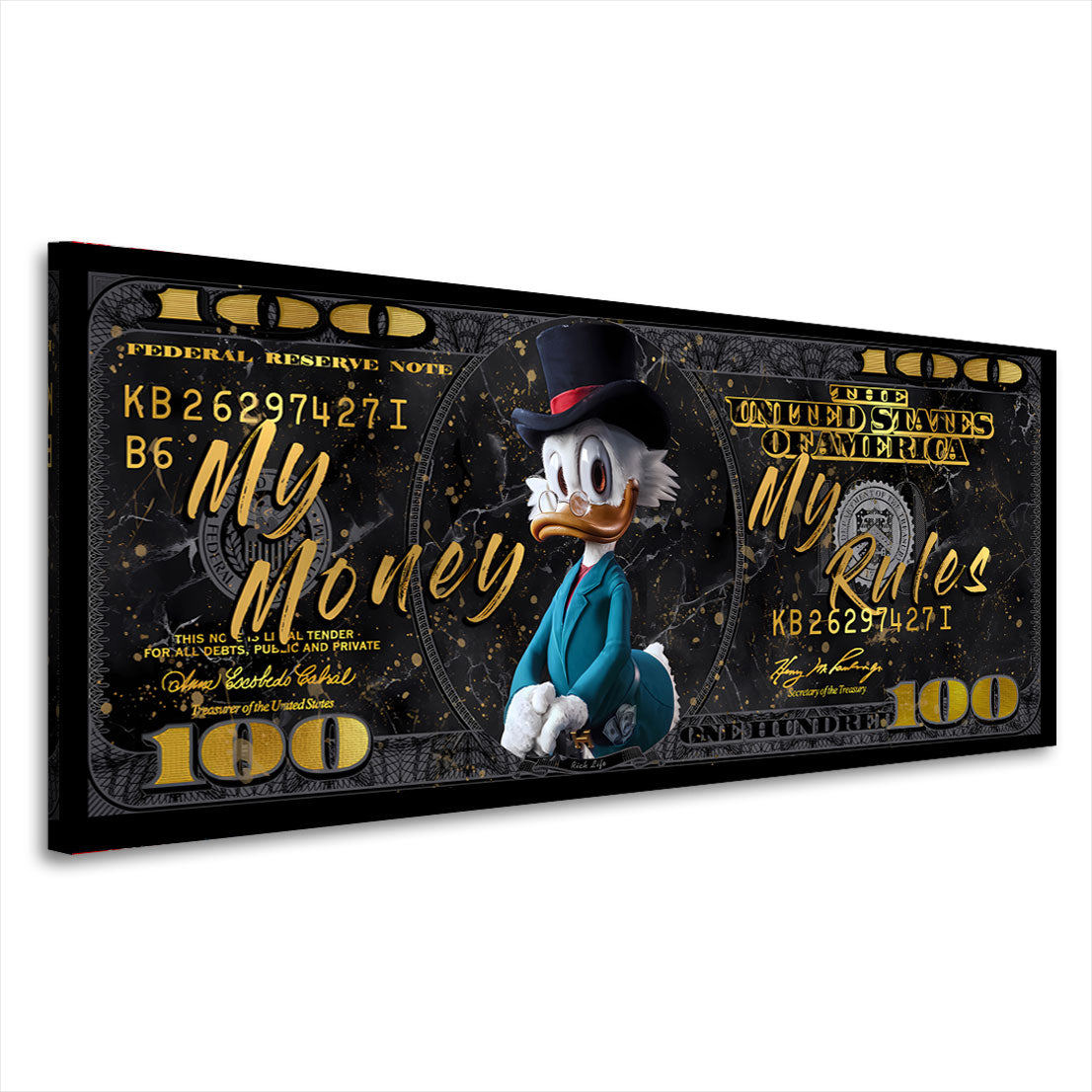 Pop Art Duck - My Money My Rules auf Dollar Note Wandbild Kunstwerk