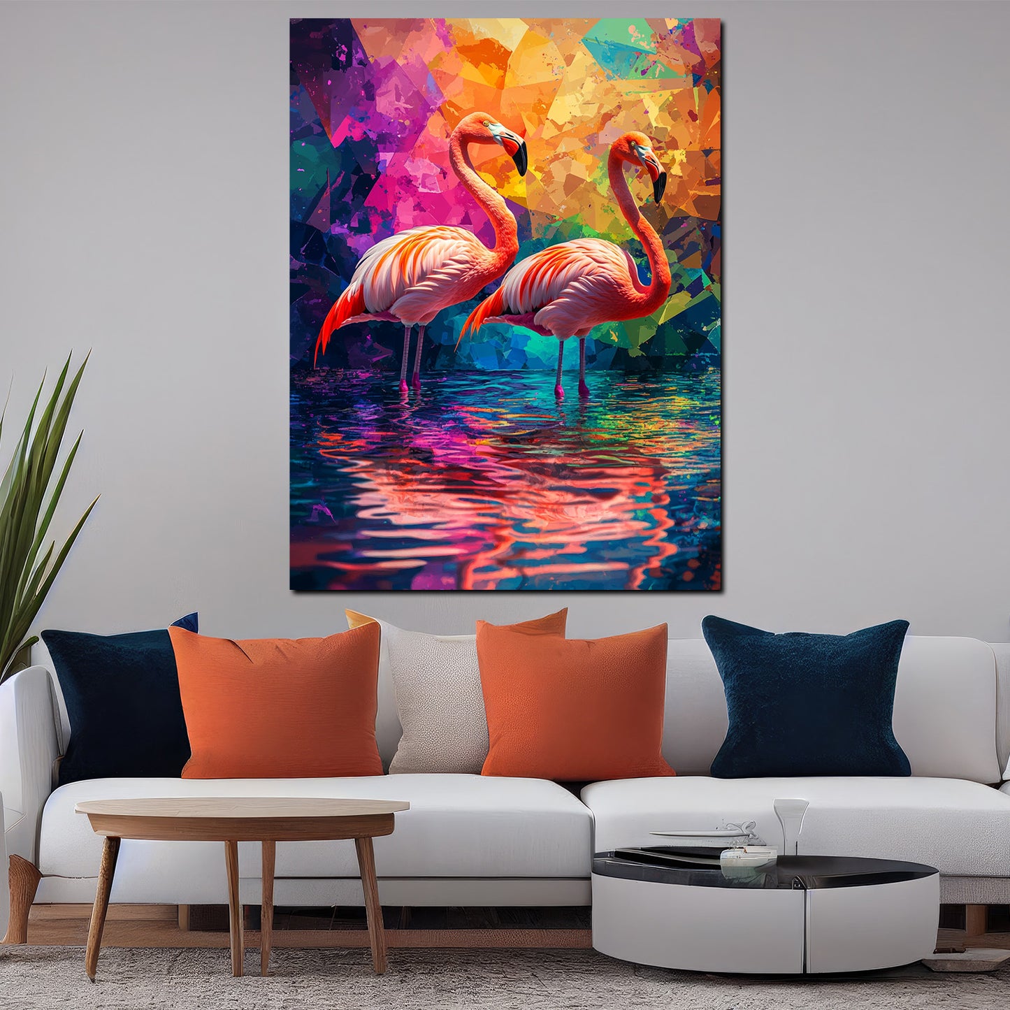Wandbild Kunstwerk Pop Art Flamingo Duo farbenfroh Spiegelung Geometrie
