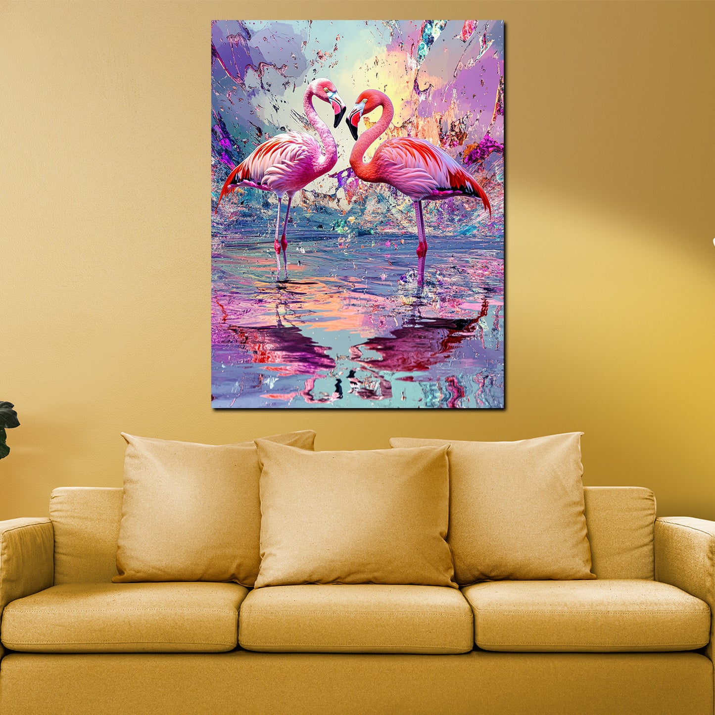 Wandbild Kunstwerk Pop Art Flamingo Paar farbenfroh Spiegelung Romantik modern