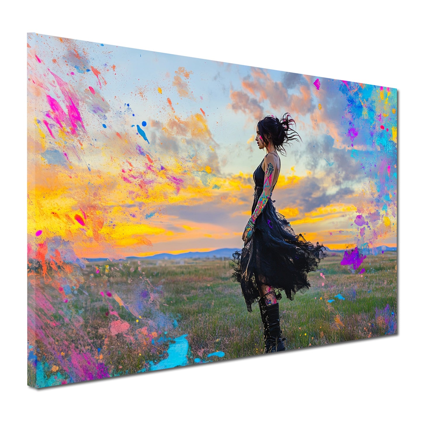 Wandbild Kunstwerk Pop Art Frau Sonnenuntergang Szene bunt