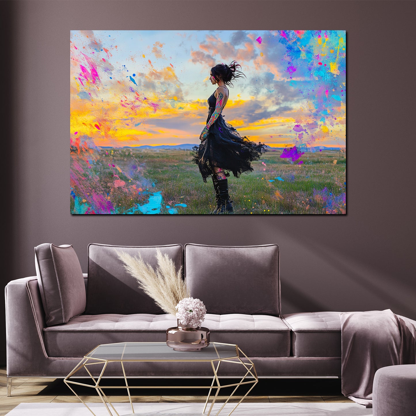 Wandbild Kunstwerk Pop Art Frau Sonnenuntergang Szene bunt