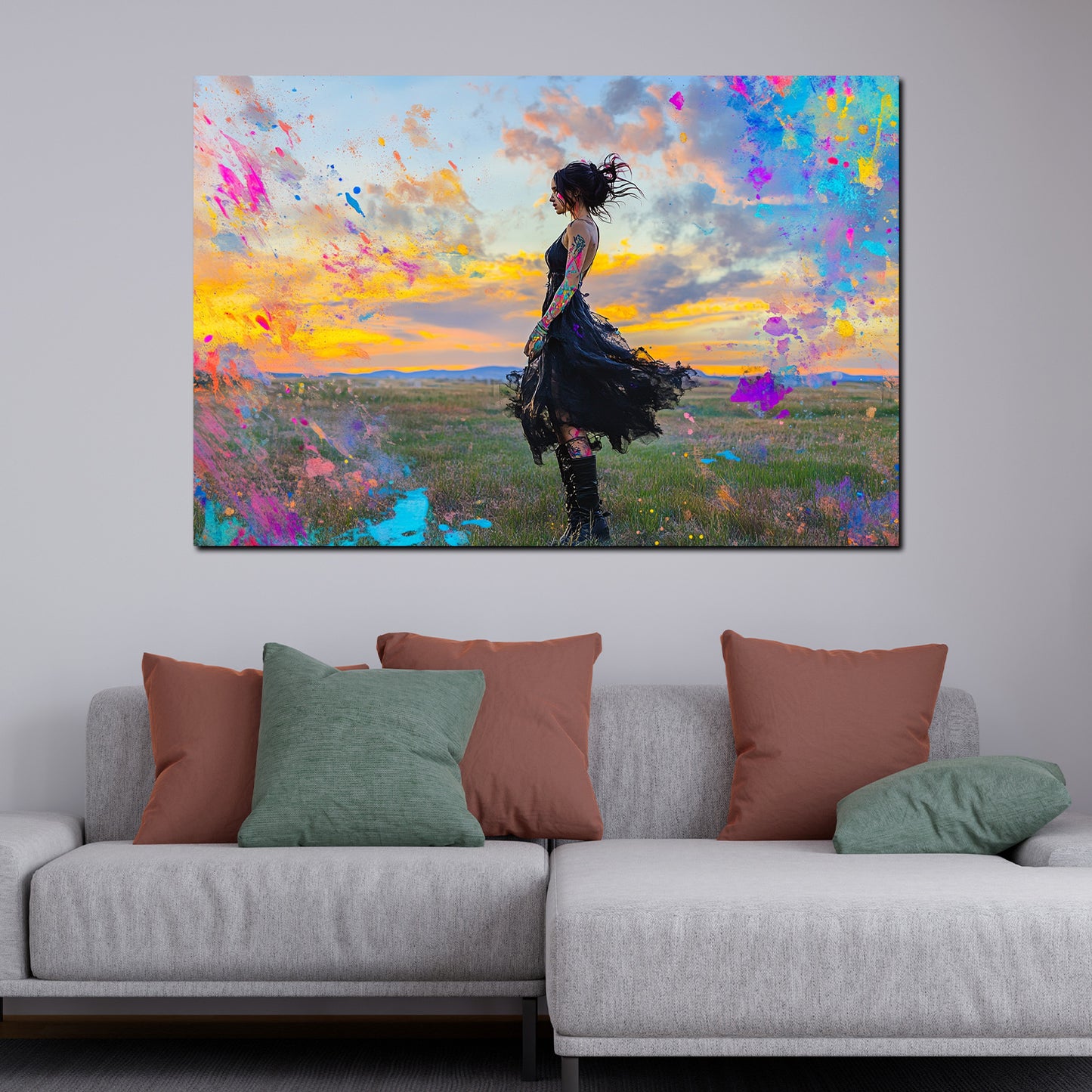 Wandbild Kunstwerk Pop Art Frau Sonnenuntergang Szene bunt