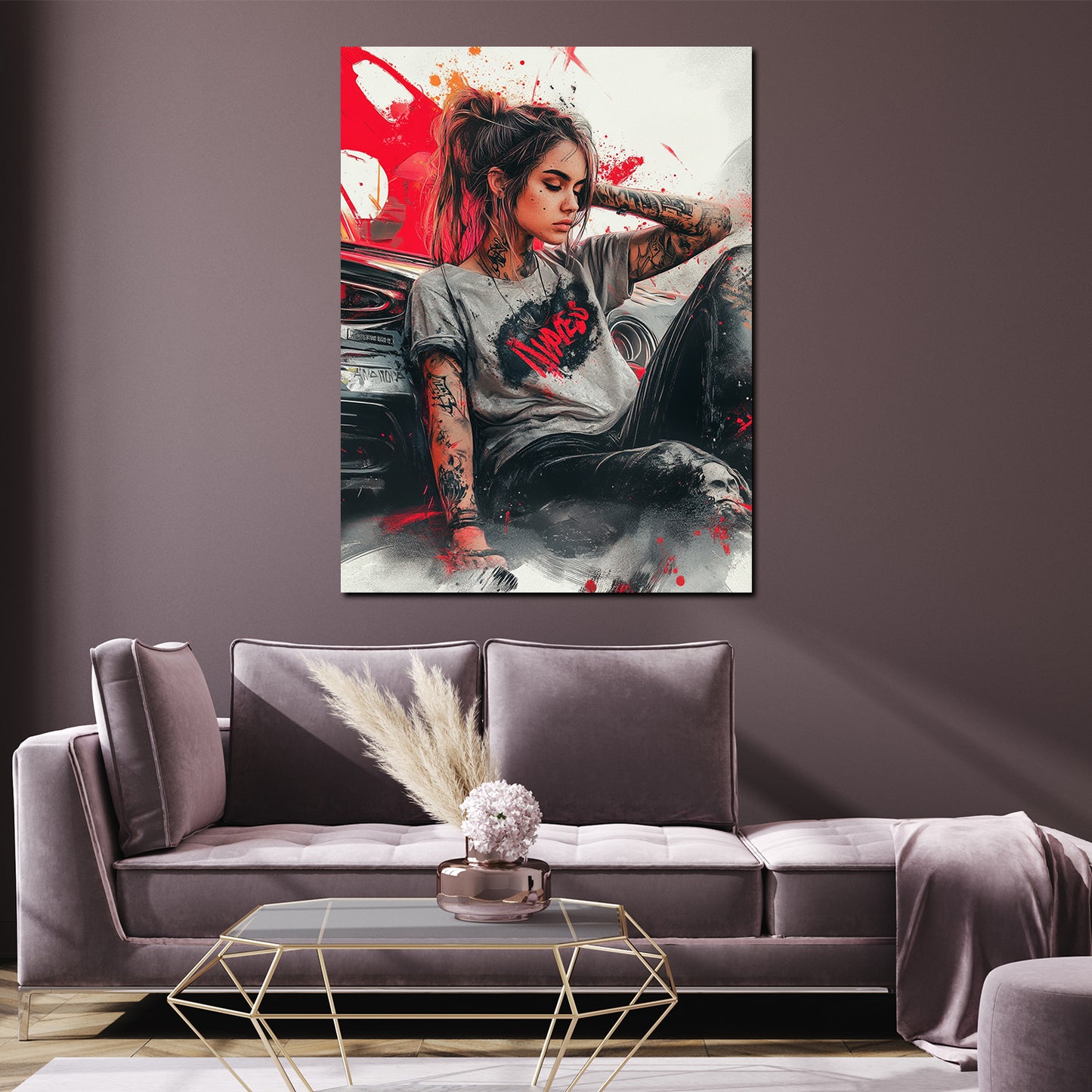 Wandbild Kunstwerk Pop Art Frau tätowiert mit Auto rebellisch