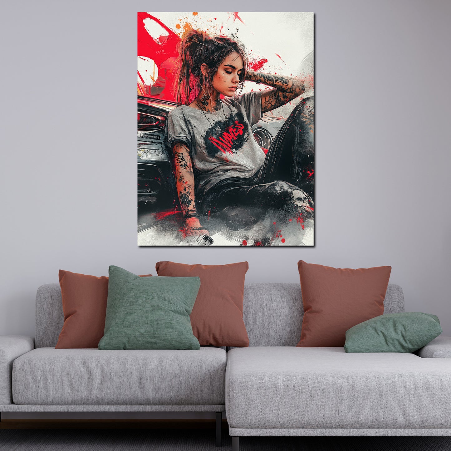 Wandbild Kunstwerk Pop Art Frau tätowiert mit Auto rebellisch