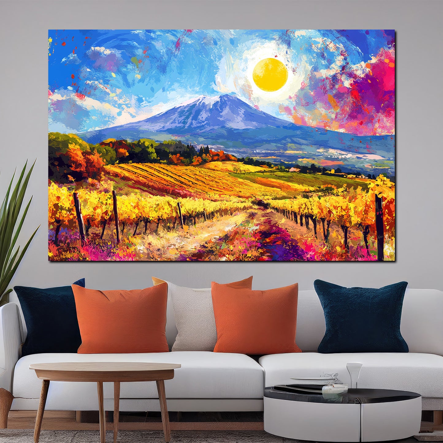 Wandbild Kunstwerk Pop Art Weinlandschaft Herbstfarben Panorama Himmel Sonne