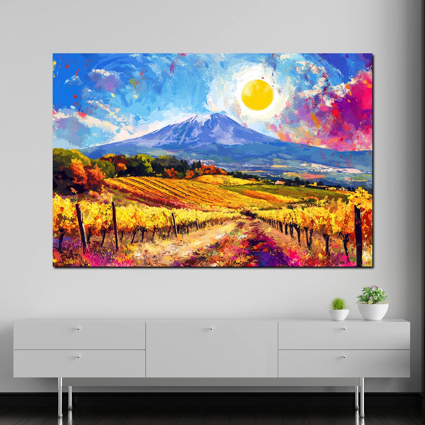 Wandbild Kunstwerk Pop Art Weinlandschaft Herbstfarben Panorama Himmel Sonne