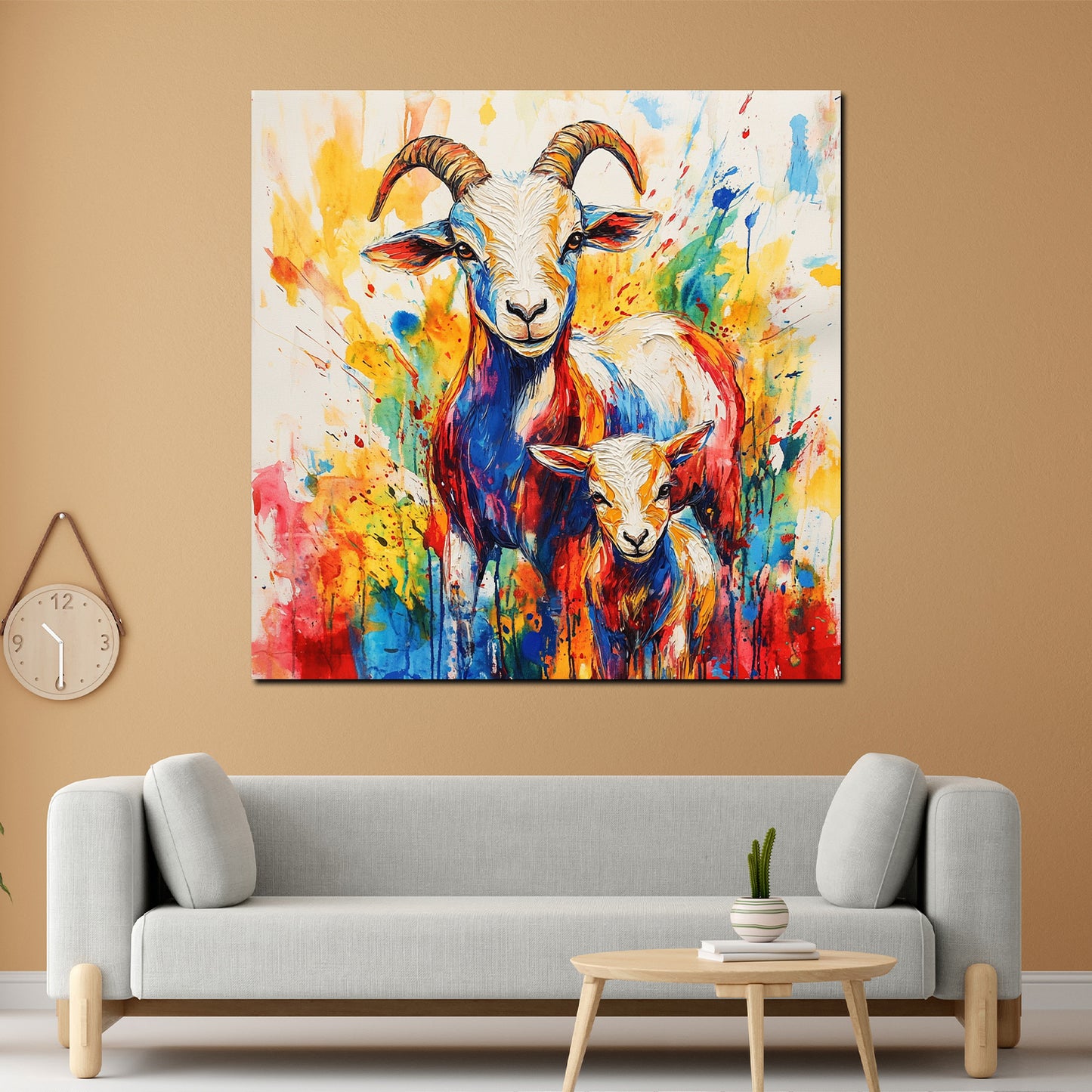 Wandbild Kunstwerk Pop Art Ziege und Kitz farbenfroh lebendig