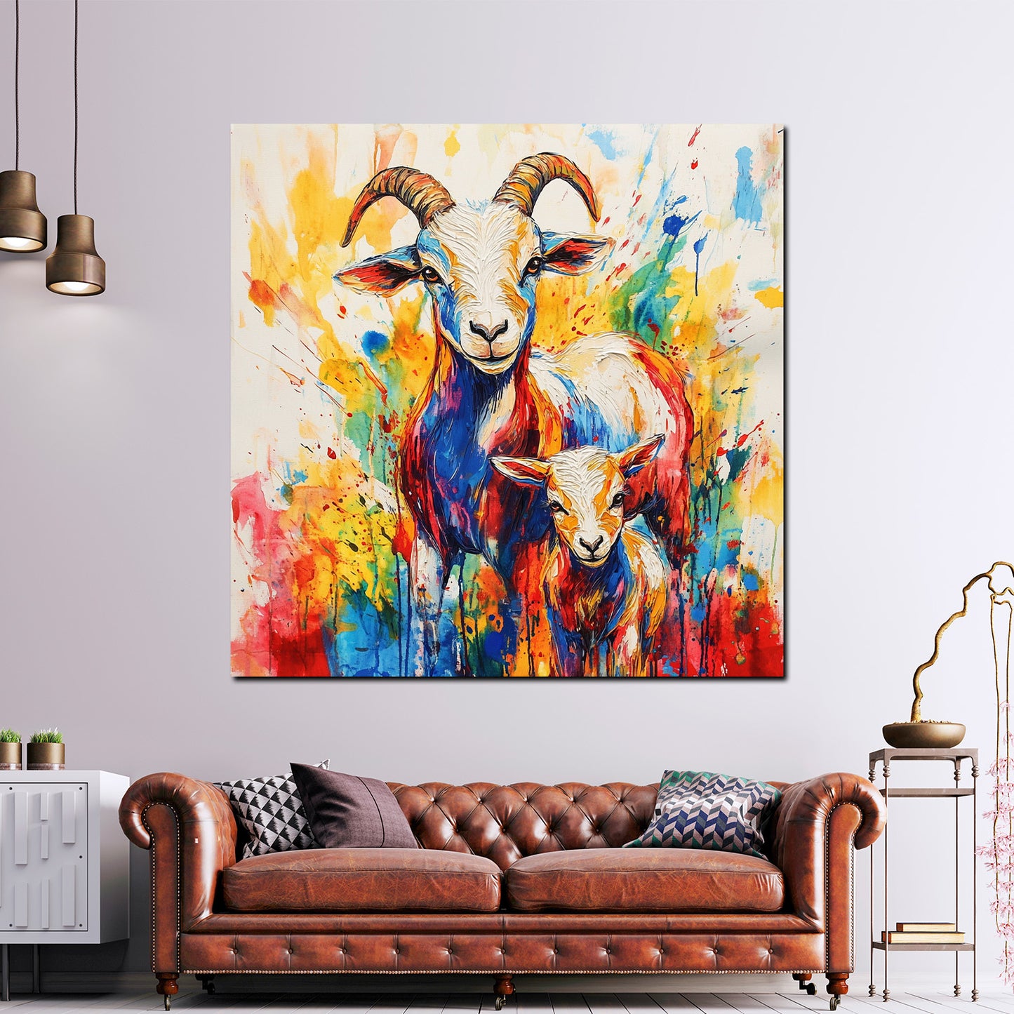Wandbild Kunstwerk Pop Art Ziege und Kitz farbenfroh lebendig