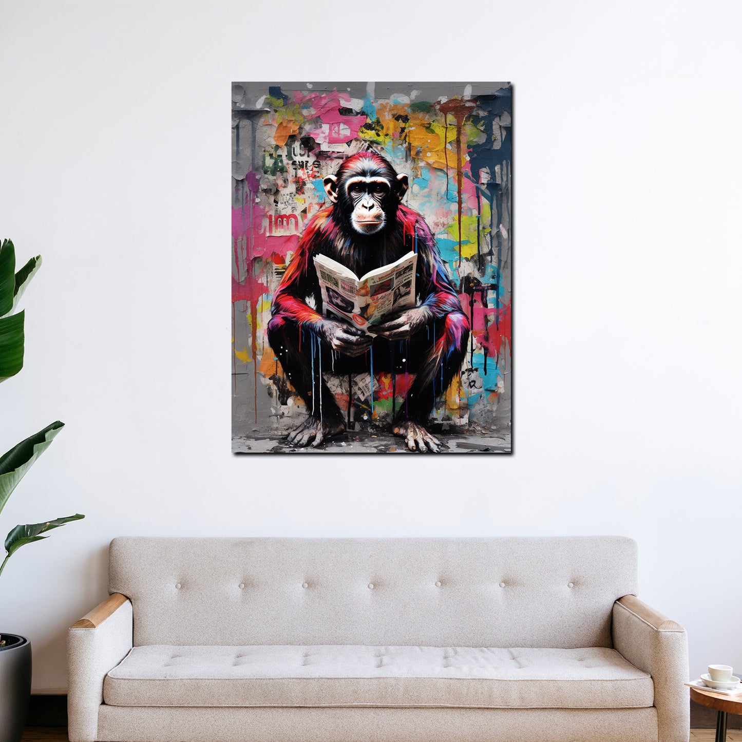 Pop Art sitzender Affe mit Zeitung Wandbild Kunstwerk