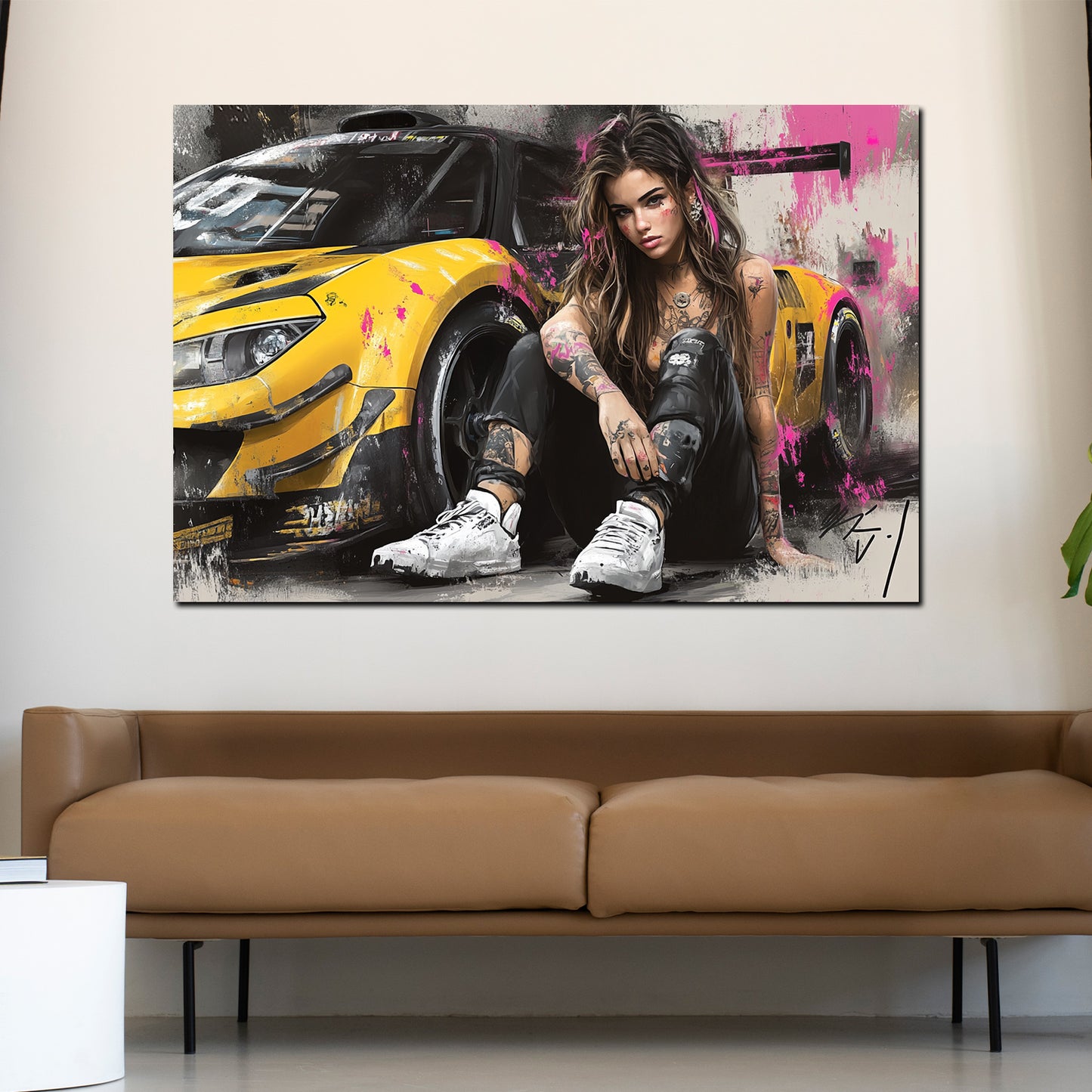 Wandbild Kunstwerk Pop Art tätowierte Frau und Sportauto
