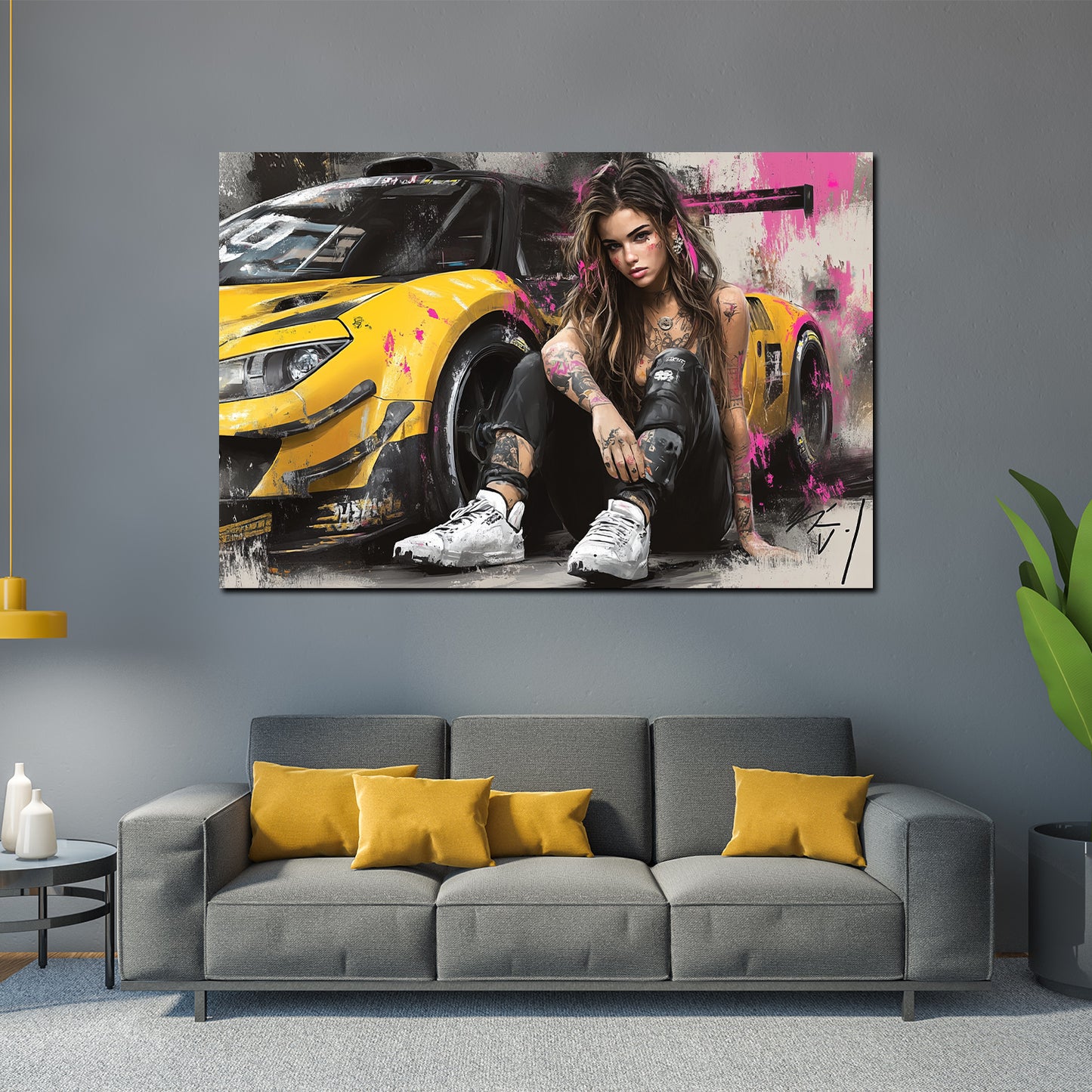 Wandbild Kunstwerk Pop Art tätowierte Frau und Sportauto