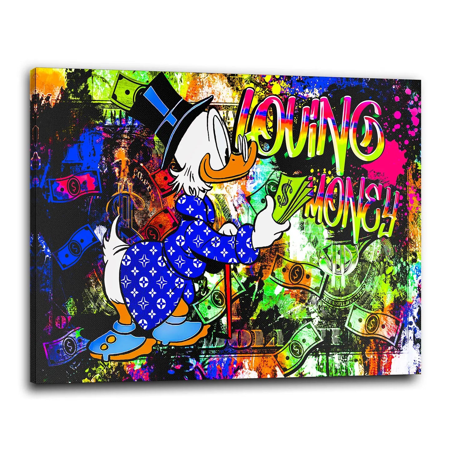 Rich Duck Loving Money, Comic Wandbild Kunstwerk