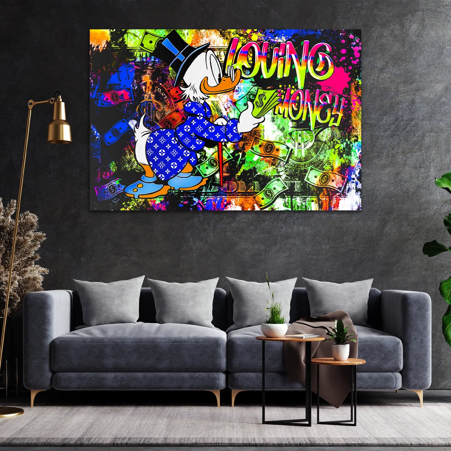 Rich Duck Loving Money, Comic Wandbild Kunstwerk