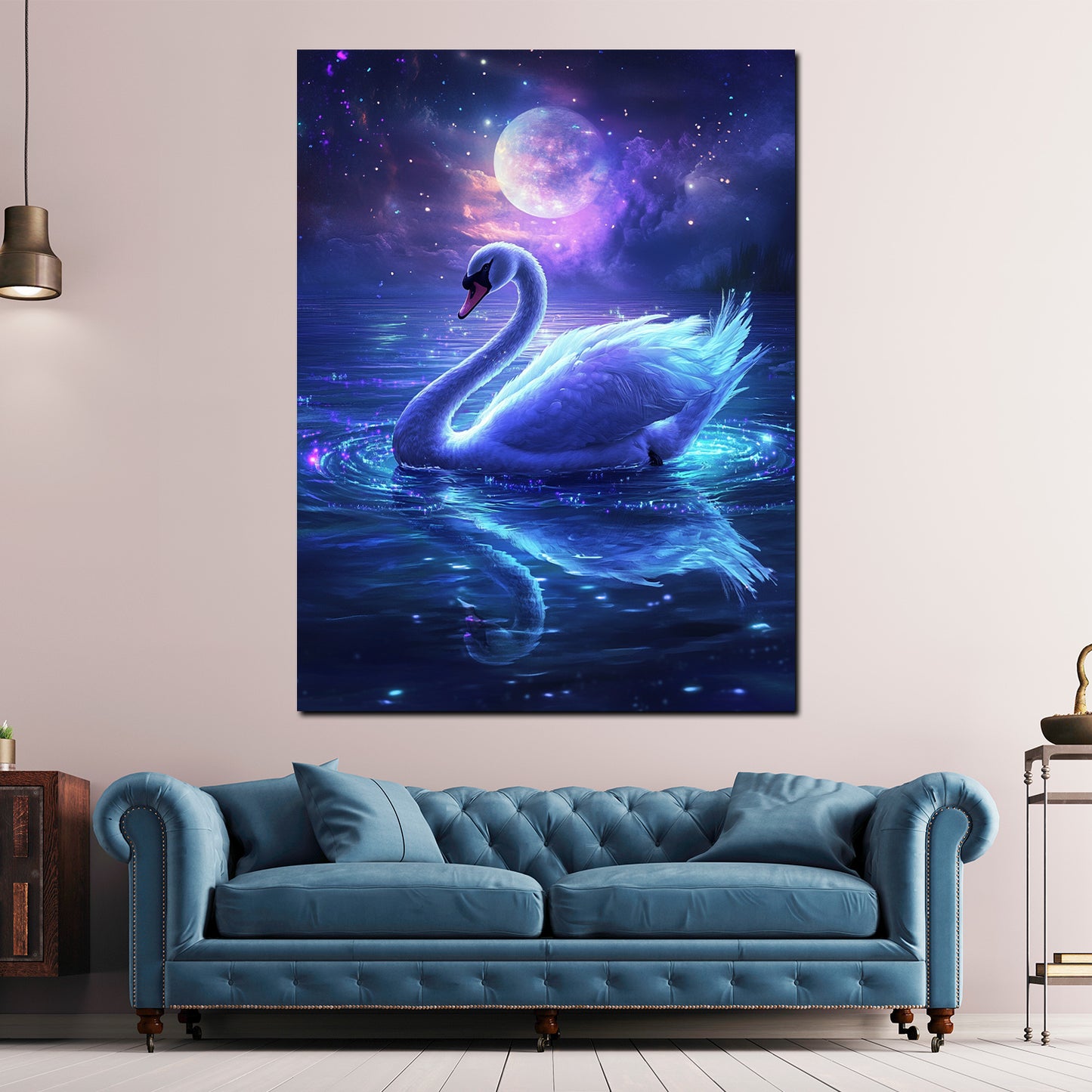 Wandbild Kunstwerk Schwan Mond Spiegelung Zauber Nachttraum modern