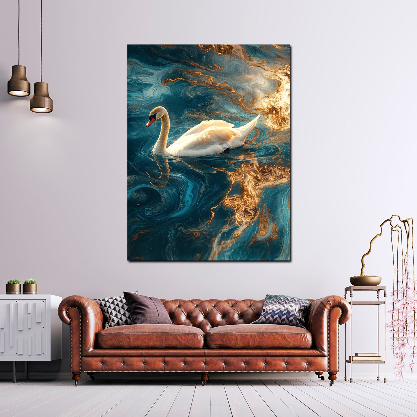 Wandbild Kunstwerk Schwan Wasser Gold Blau Anmut Stil modern