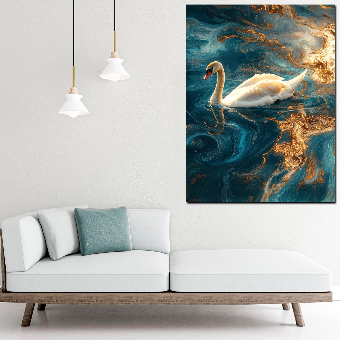 Wandbild Kunstwerk Schwan Wasser Gold Blau Anmut Stil modern