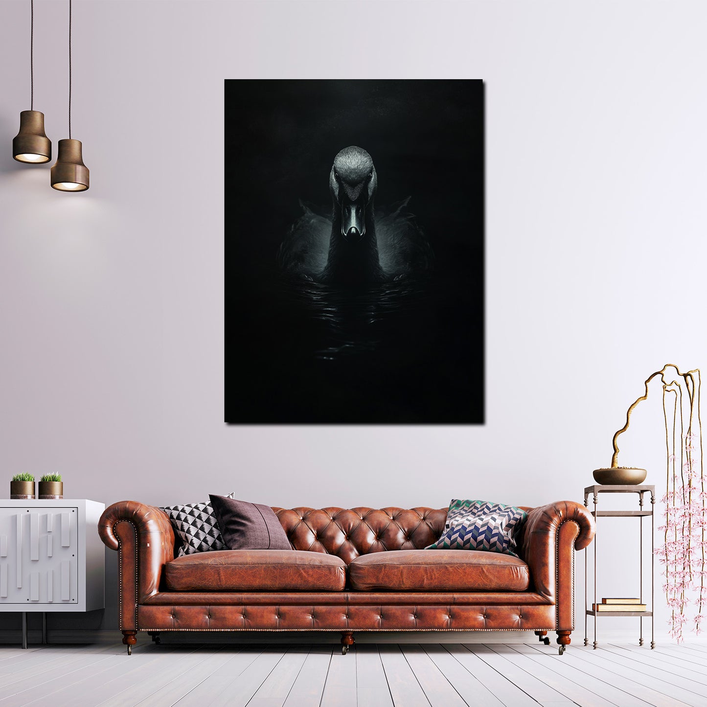 Schwan im Spiel von Dunkelheit und Wasser Anmut modern Wandbild Kunstwerk