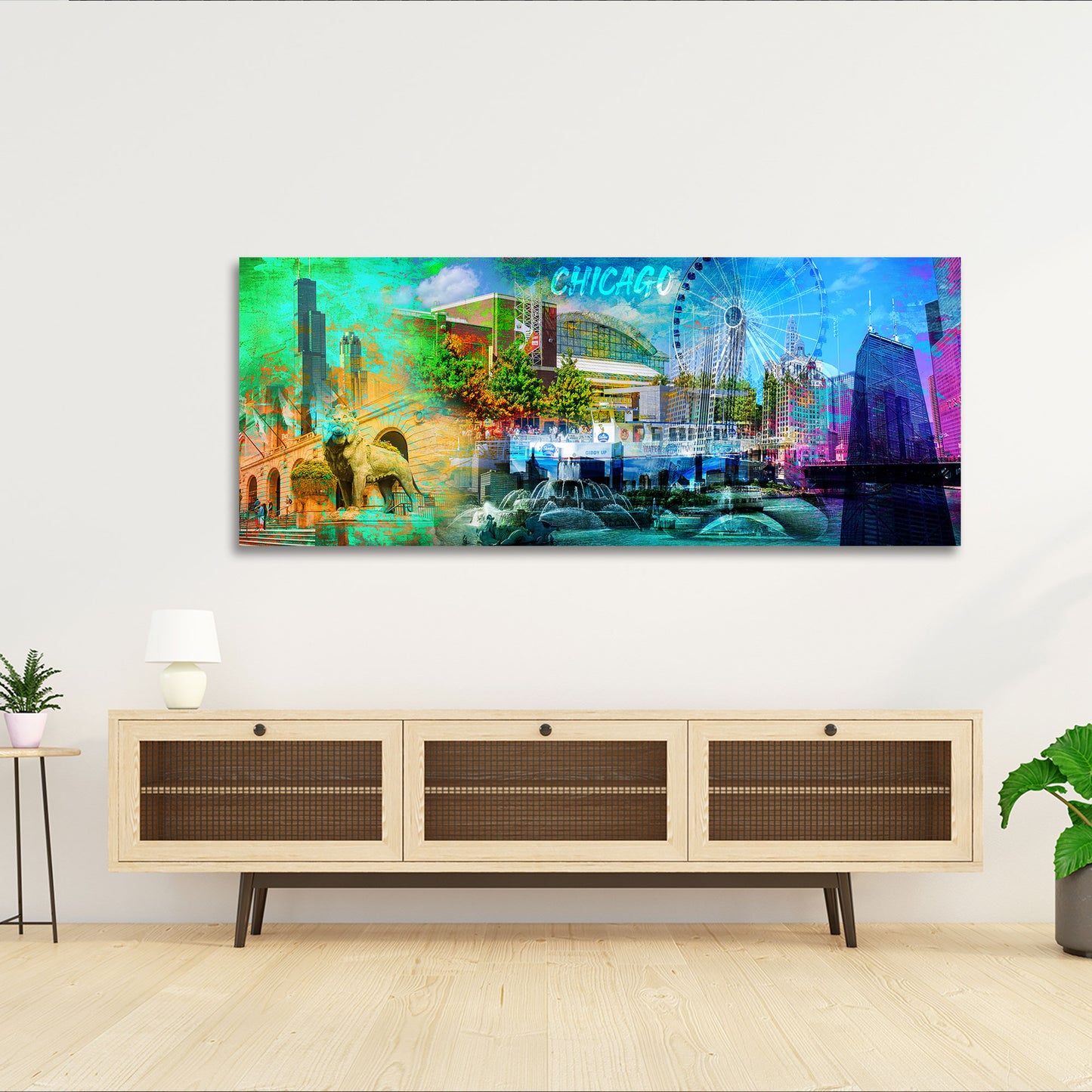 Wandbild Kunstwerk Stadtansicht Chicago USA Pop Art mit Architektur