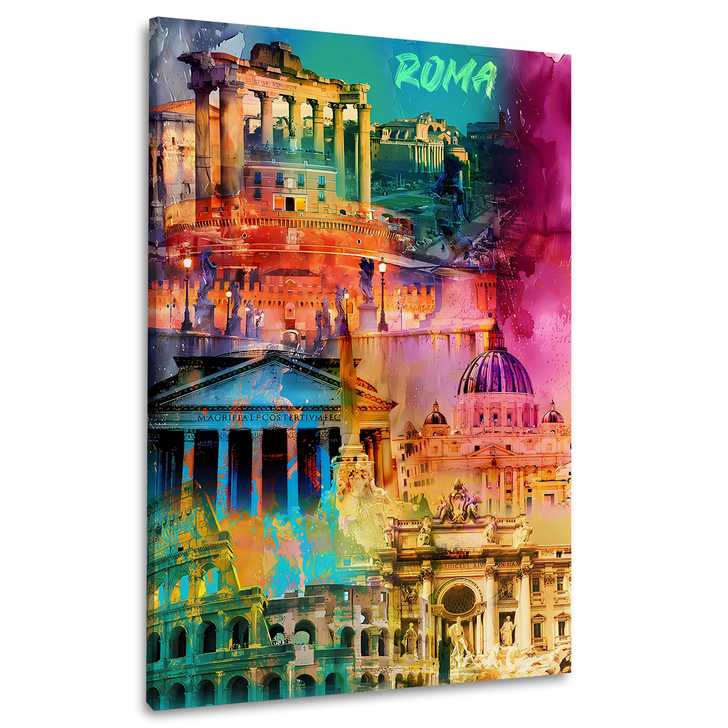 Wandbild Kunstwerk Stadtansicht Rom mit Pantheon und Engelsburg