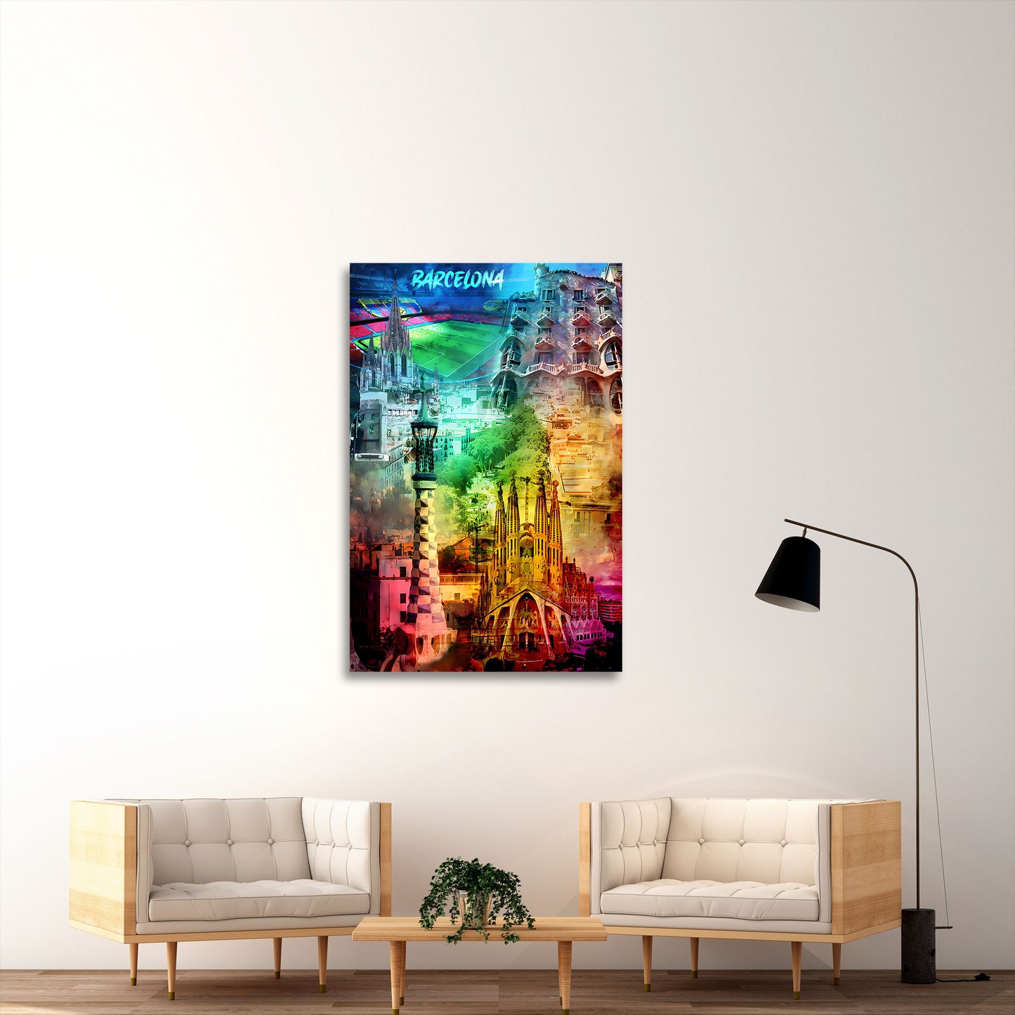 Spanien Wandbild Kunstwerk Städte Barcelona Pop Art Gaudí Architektur farbenfroh