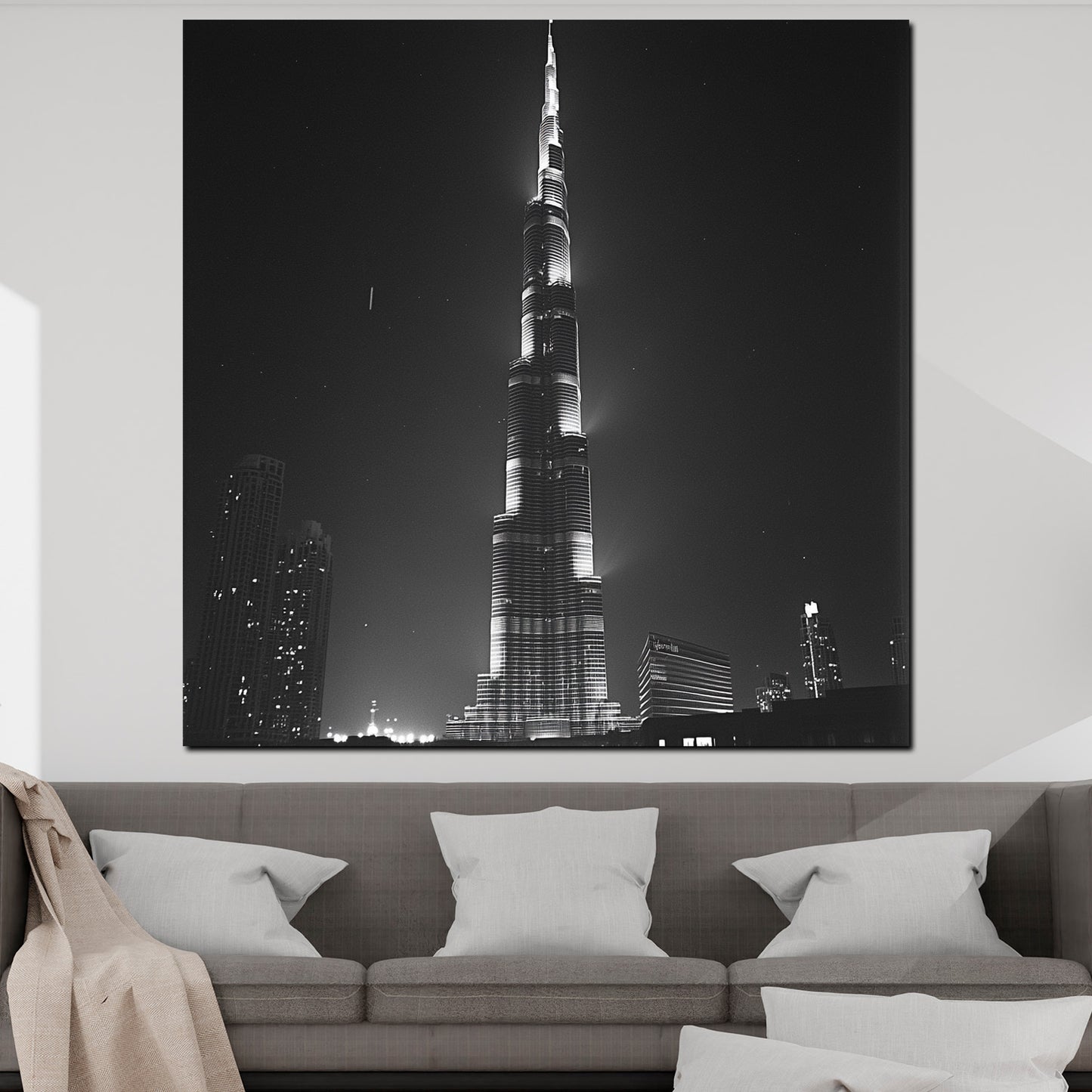 Wandbild Kunstwerk Städte Dubai Hochhaus Burj Khalifa Licht schwarz weiß