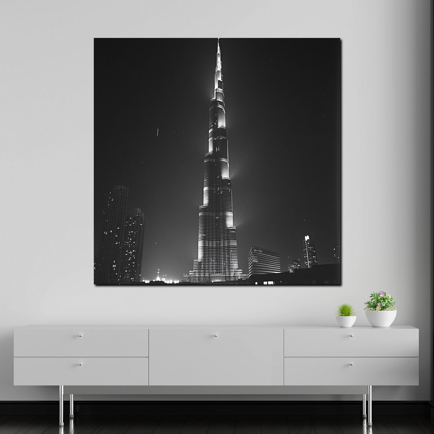Wandbild Kunstwerk Städte Dubai Hochhaus Burj Khalifa Licht schwarz weiß